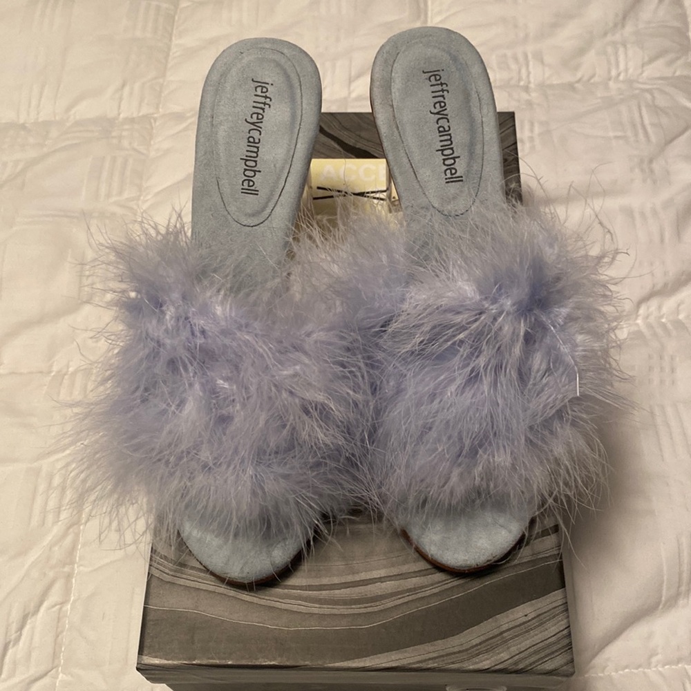 Jeffrey Campbell baby blue feather heels.
